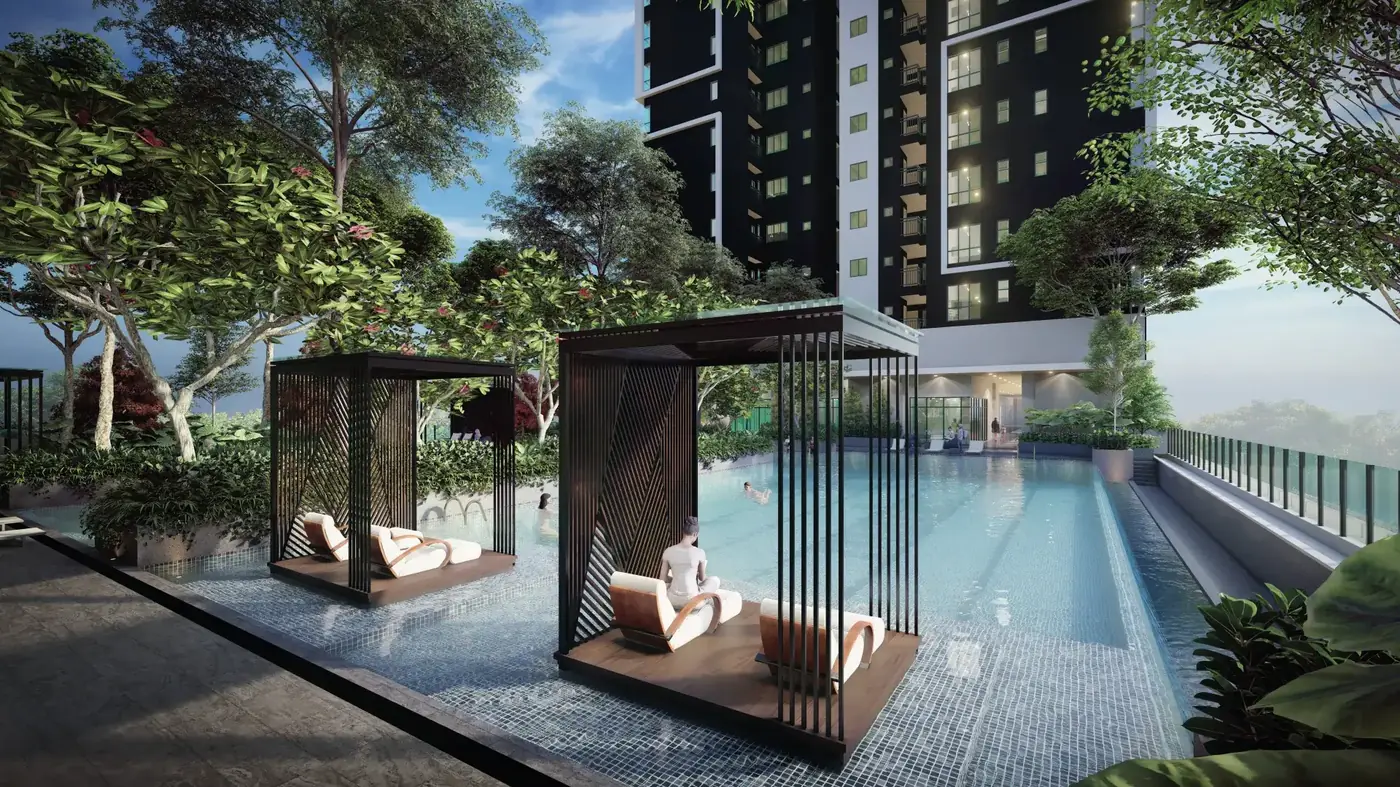 Poolside cabanas set in planting at The Atas