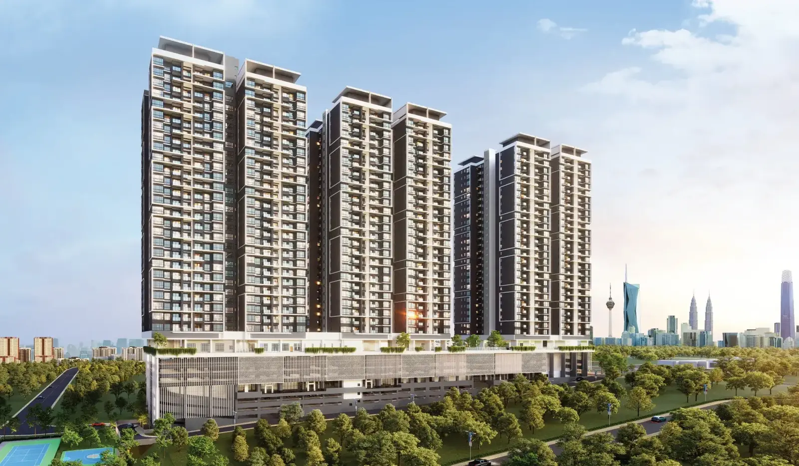 The Atas three residential blocks at Taman Desa with the Kuala Lumpur skyline and KL Tower behind