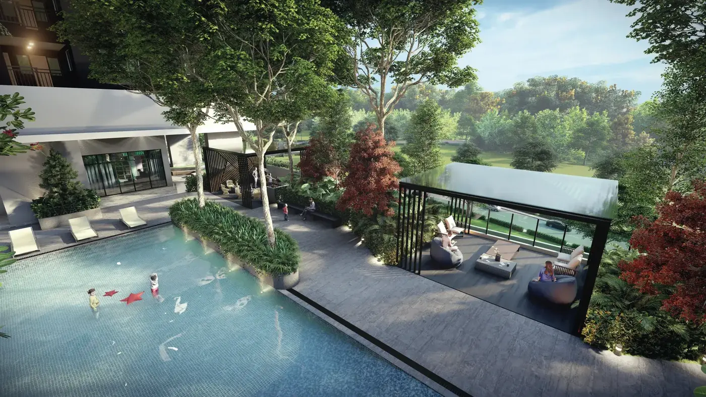 Pool deck and loungers at The Atas